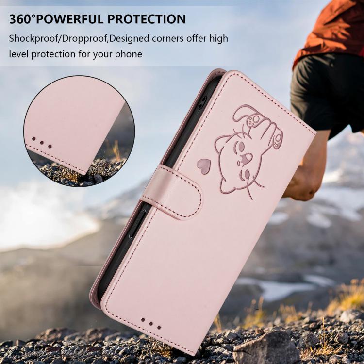 Embossed Heart Cat Leather Phone Case with Hand Strap, For iPhone Air, For iPhone 16 Pro Max