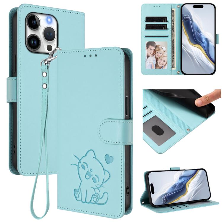 Embossed Heart Cat Leather Phone Case with Hand Strap, For iPhone Air, For iPhone 16 Pro Max