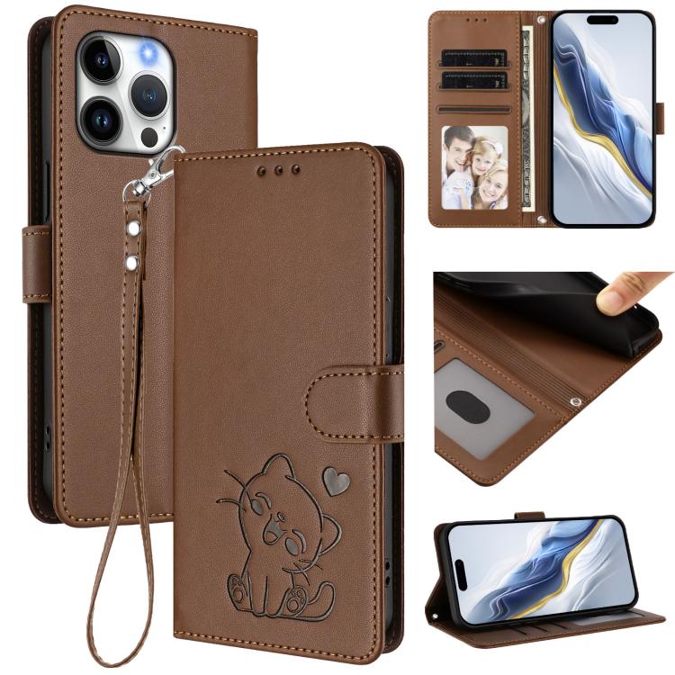 Embossed Heart Cat Leather Phone Case with Hand Strap, For iPhone Air, For iPhone 16 Pro Max