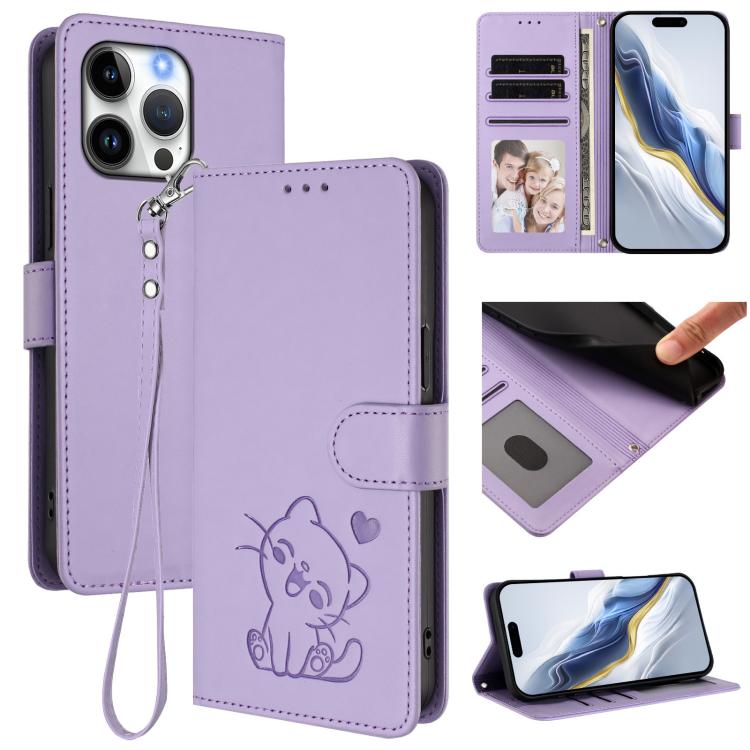 Embossed Heart Cat Leather Phone Case with Hand Strap, For iPhone 16 Pro, For iPhone 16 Plus