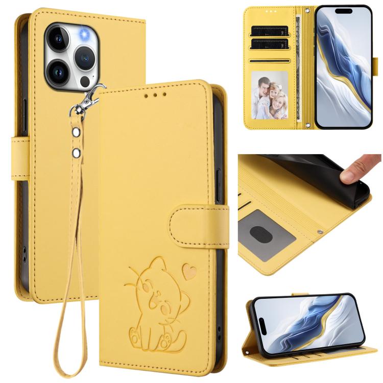 Embossed Heart Cat Leather Phone Case with Hand Strap, For iPhone 16 Pro, For iPhone 16 Plus