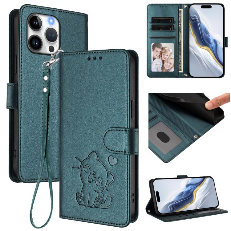 Embossed Heart Cat Leather Phone Case with Hand Strap, For iPhone 16 Pro, For iPhone 16 Plus