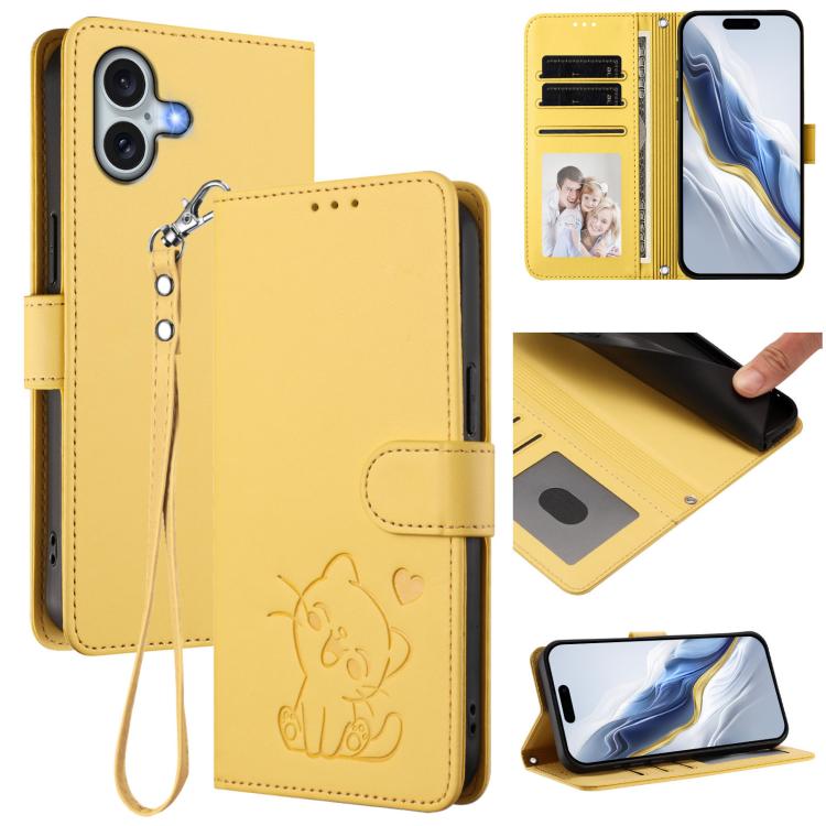 Embossed Heart Cat Leather Phone Case with Hand Strap, For iPhone 16, For iPhone 15 Pro Max