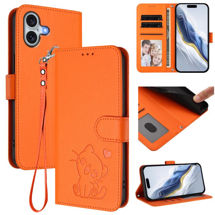 Embossed Heart Cat Leather Phone Case with Hand Strap, For iPhone 16, For iPhone 15 Pro Max