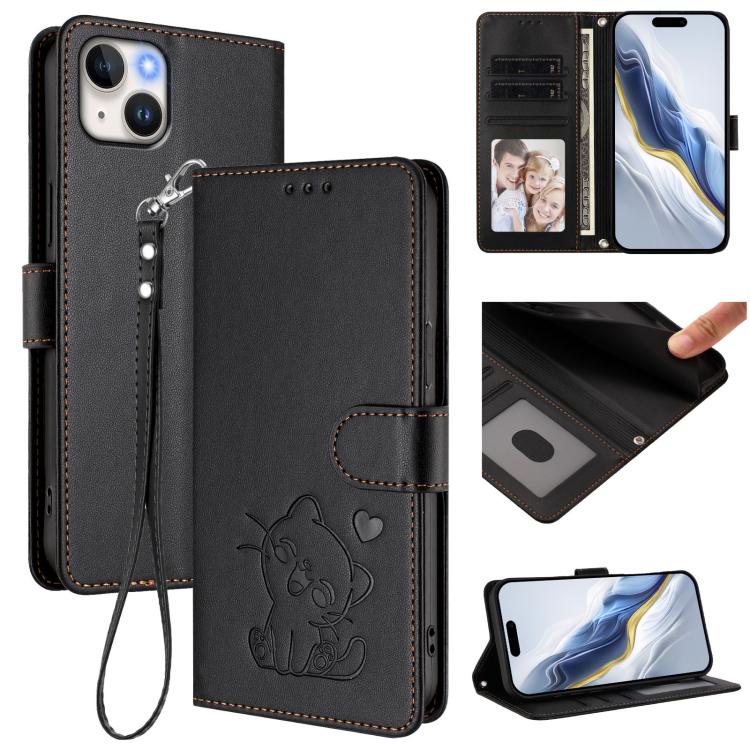 Embossed Heart Cat Leather Phone Case with Hand Strap, For iPhone 15, For iPhone 14 Plus