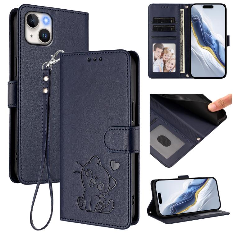 Embossed Heart Cat Leather Phone Case with Hand Strap, For iPhone 14 / 13, For iPhone 14 Pro