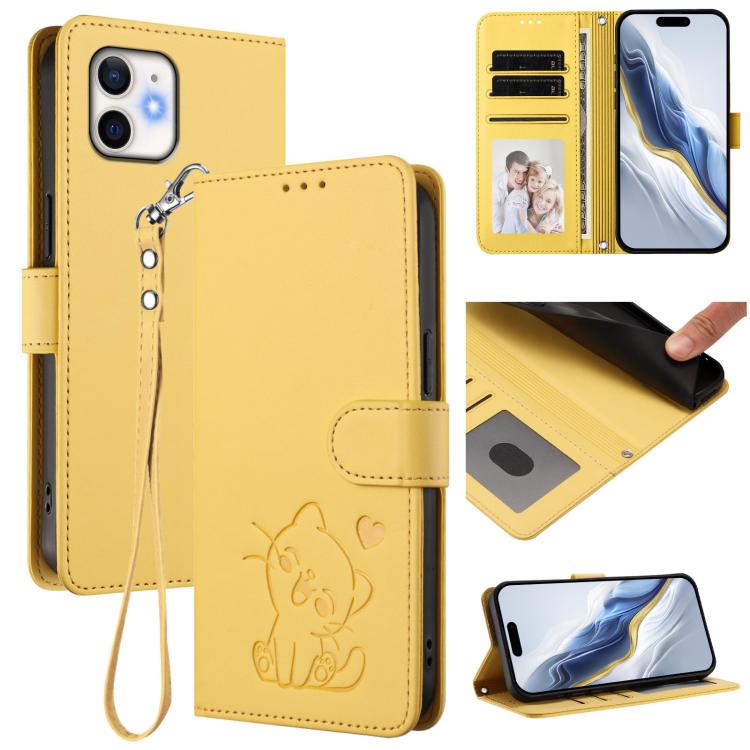 Embossed Heart Cat Leather Phone Case with Hand Strap, For iPhone 13 mini, For iPhone 12 / 12 Pro