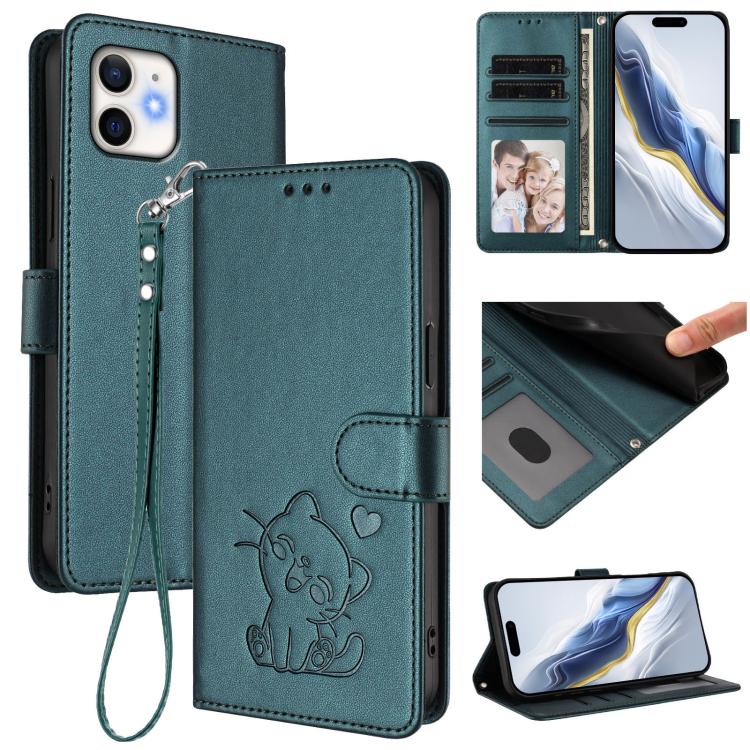Embossed Heart Cat Leather Phone Case with Hand Strap, For iPhone 11 Pro Max, For iPhone 11