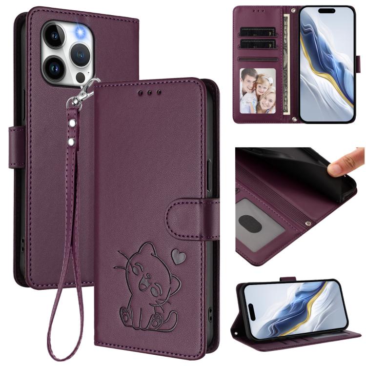 Embossed Heart Cat Leather Phone Case with Hand Strap, For iPhone 14 / 13, For iPhone 14 Pro