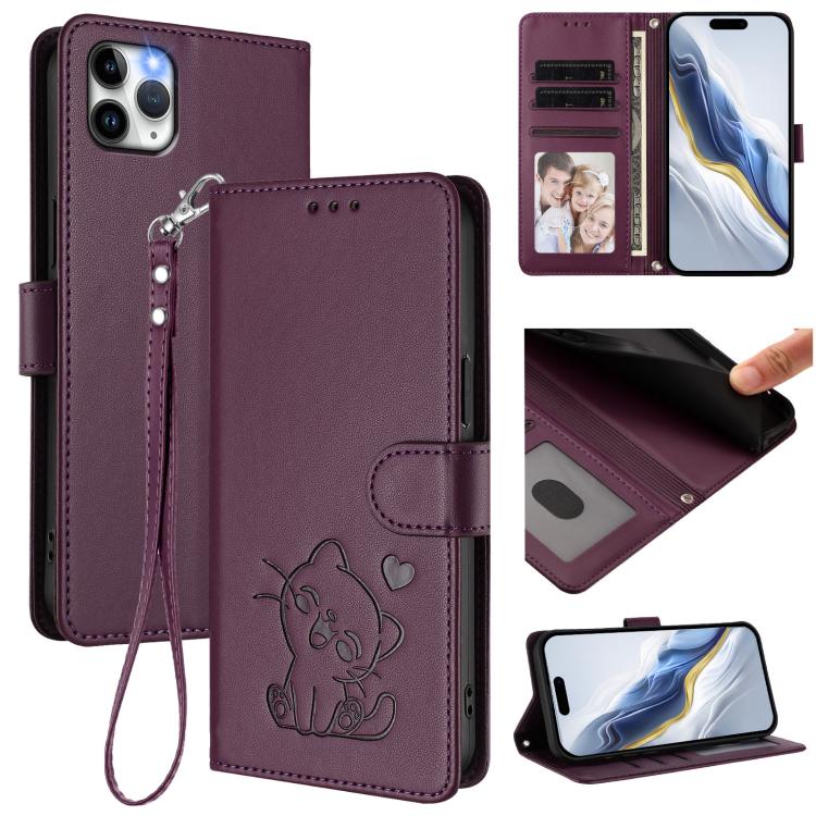 Embossed Heart Cat Leather Phone Case with Hand Strap, For iPhone 11 Pro Max, For iPhone 11