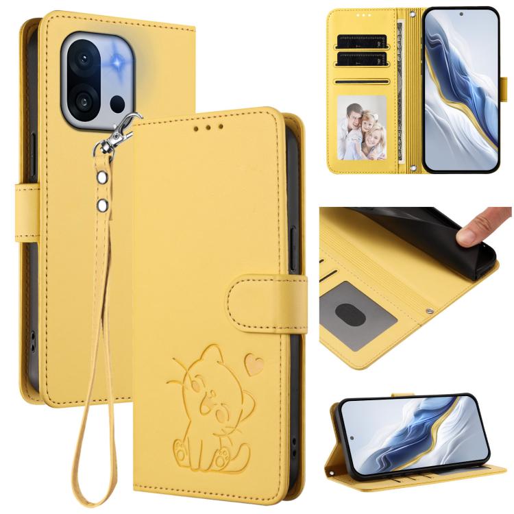 Embossed Heart Cat Leather Phone Case with Hand Strap, For OnePlus 13T 5G, For OnePlus 13R / Ace 5 Pro / Ace 5