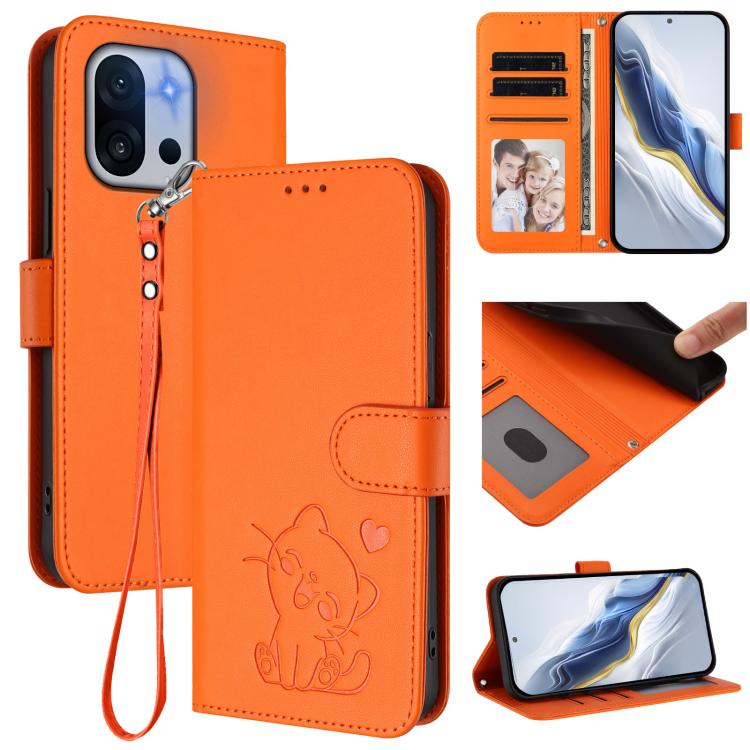 Embossed Heart Cat Leather Phone Case with Hand Strap, For OnePlus 13T 5G, For OnePlus 13R / Ace 5 Pro / Ace 5