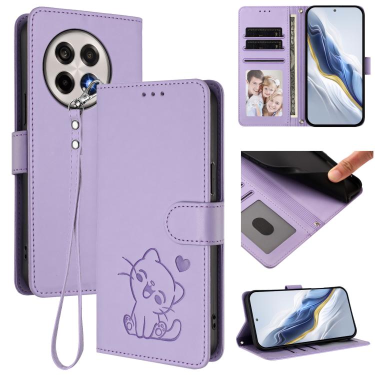 Embossed Heart Cat Leather Phone Case with Hand Strap, For OnePlus 13T 5G, For OnePlus 13R / Ace 5 Pro / Ace 5