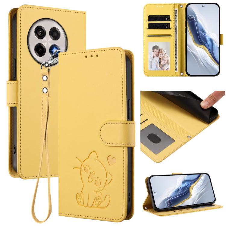 Embossed Heart Cat Leather Phone Case with Hand Strap, For OnePlus 13T 5G, For OnePlus 13R / Ace 5 Pro / Ace 5