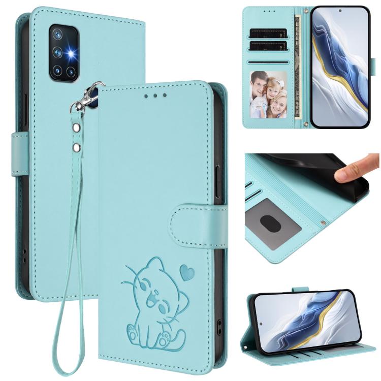 Embossed Heart Cat Leather Phone Case with Hand Strap, For OnePlus Nord N10 5G