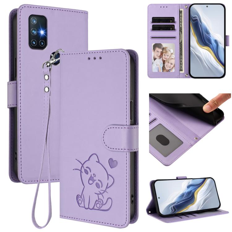 Embossed Heart Cat Leather Phone Case with Hand Strap, For OnePlus Nord N10 5G