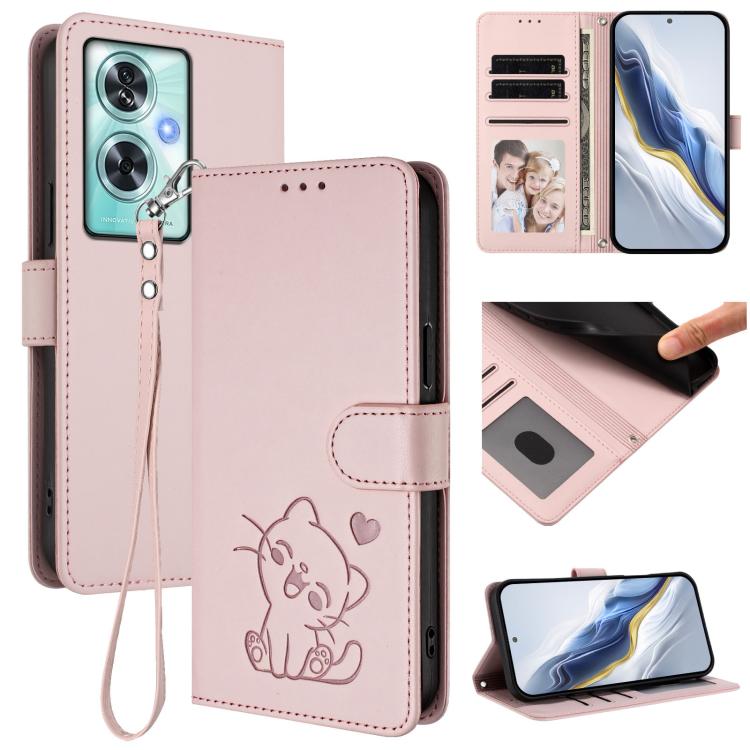 Embossed Heart Cat Leather Phone Case with Hand Strap, For OnePlus Nord CE4 5G, For OnePlus Nord N30 SE 5G