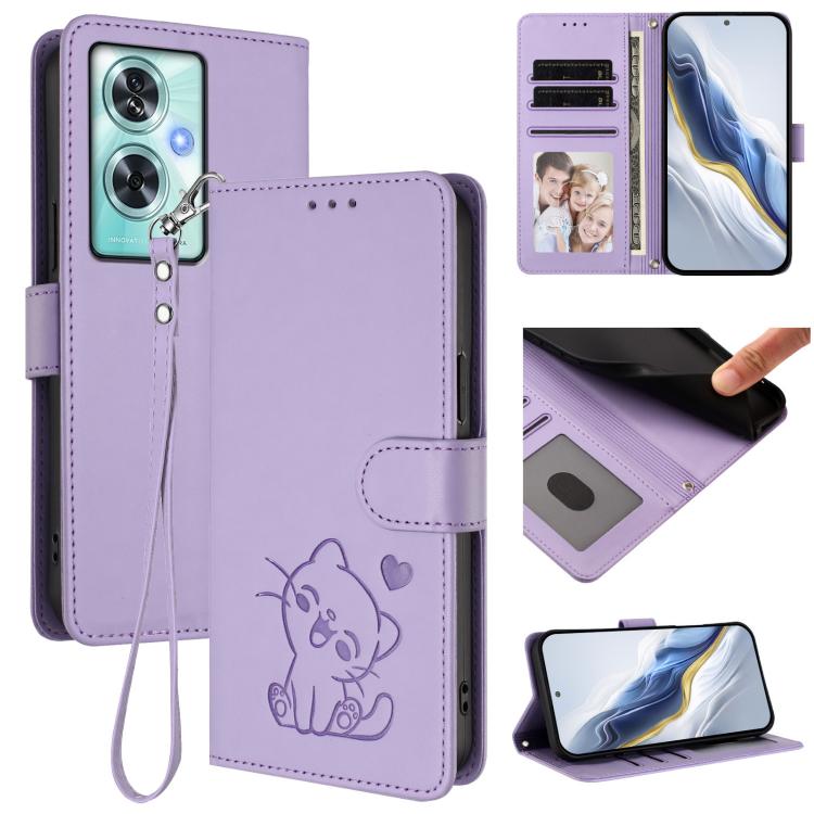 Embossed Heart Cat Leather Phone Case with Hand Strap, For OnePlus Nord CE4 5G, For OnePlus Nord N30 SE 5G