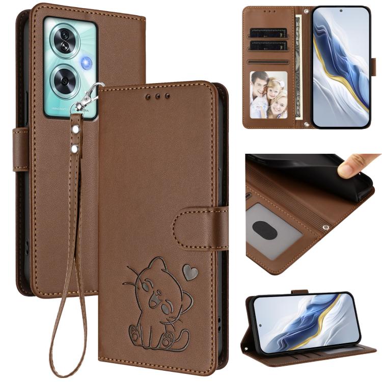 Embossed Heart Cat Leather Phone Case with Hand Strap, For OnePlus Nord CE4 5G, For OnePlus Nord N30 SE 5G