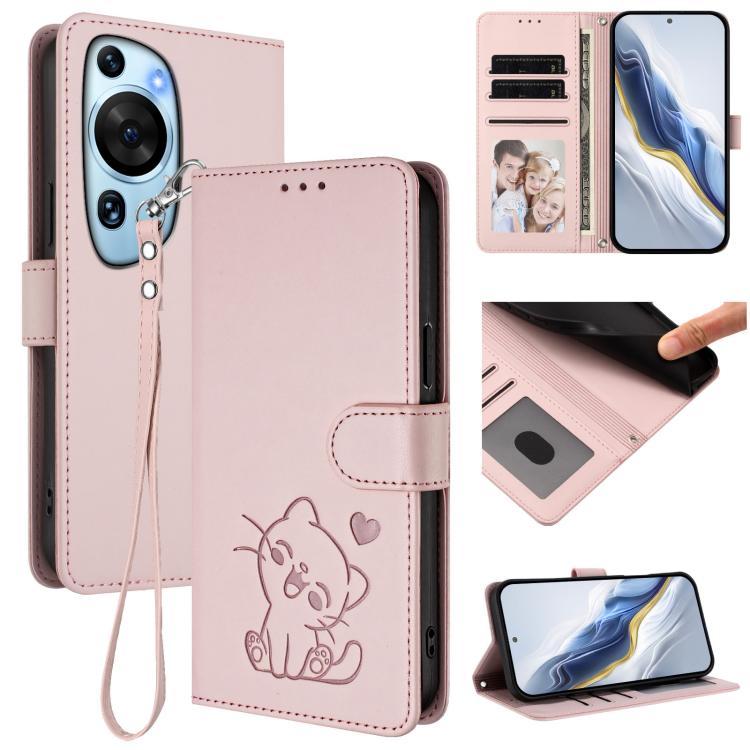 Embossed Heart Cat Leather Phone Case with Hand Strap, For Huawei Enjoy 50 / Enjoy 60 / nova Y70, For Huawei P60 Art