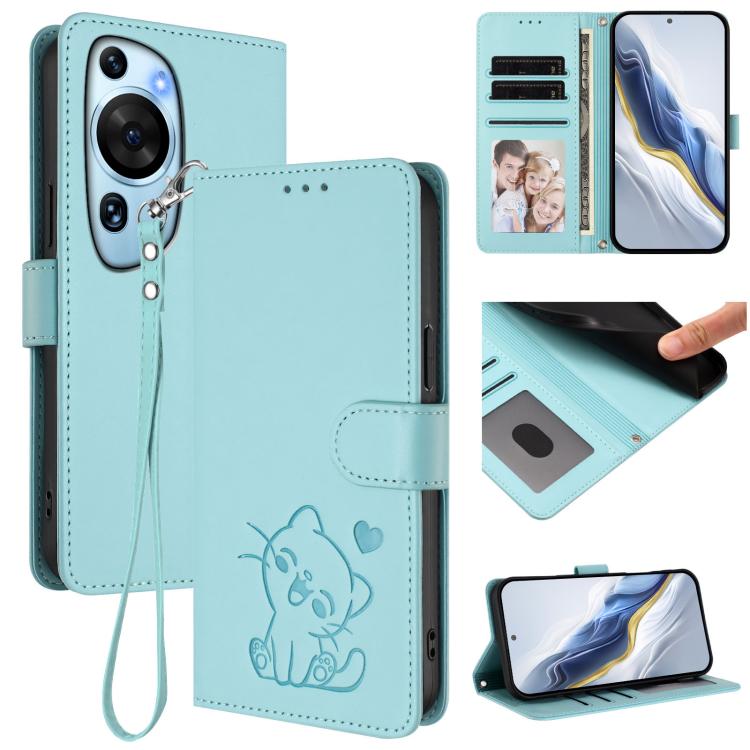 Embossed Heart Cat Leather Phone Case with Hand Strap, For Huawei Enjoy 50 / Enjoy 60 / nova Y70, For Huawei P60 Art