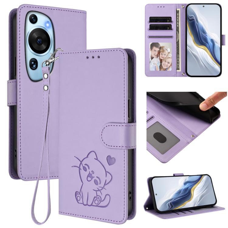 Embossed Heart Cat Leather Phone Case with Hand Strap, For Huawei Enjoy 50 / Enjoy 60 / nova Y70, For Huawei P60 Art