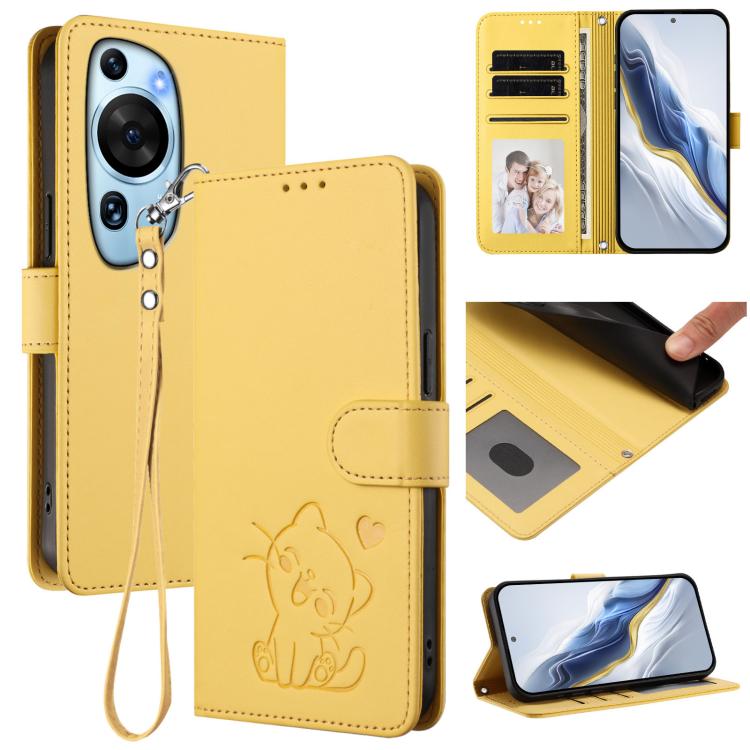 Embossed Heart Cat Leather Phone Case with Hand Strap, For Huawei Enjoy 50 / Enjoy 60 / nova Y70, For Huawei P60 Art