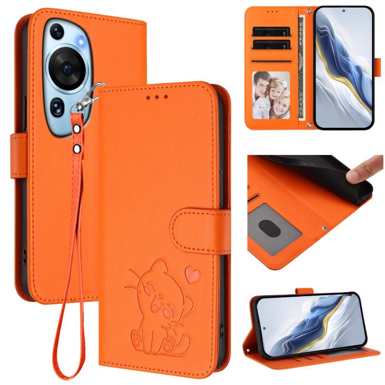 Embossed Heart Cat Leather Phone Case with Hand Strap, For Huawei Enjoy 50 / Enjoy 60 / nova Y70, For Huawei P60 Art