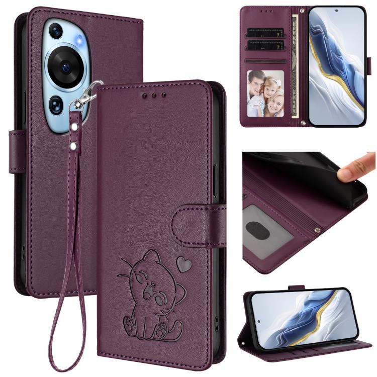 Embossed Heart Cat Leather Phone Case with Hand Strap, For Huawei Enjoy 50 / Enjoy 60 / nova Y70, For Huawei P60 Art