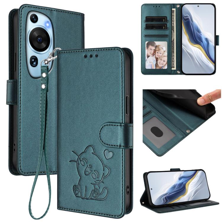 Embossed Heart Cat Leather Phone Case with Hand Strap, For Huawei Enjoy 50 / Enjoy 60 / nova Y70, For Huawei P60 Art