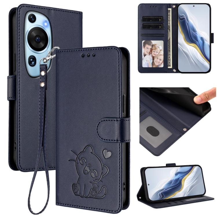 Embossed Heart Cat Leather Phone Case with Hand Strap, For Huawei Enjoy 50 / Enjoy 60 / nova Y70, For Huawei P60 Art