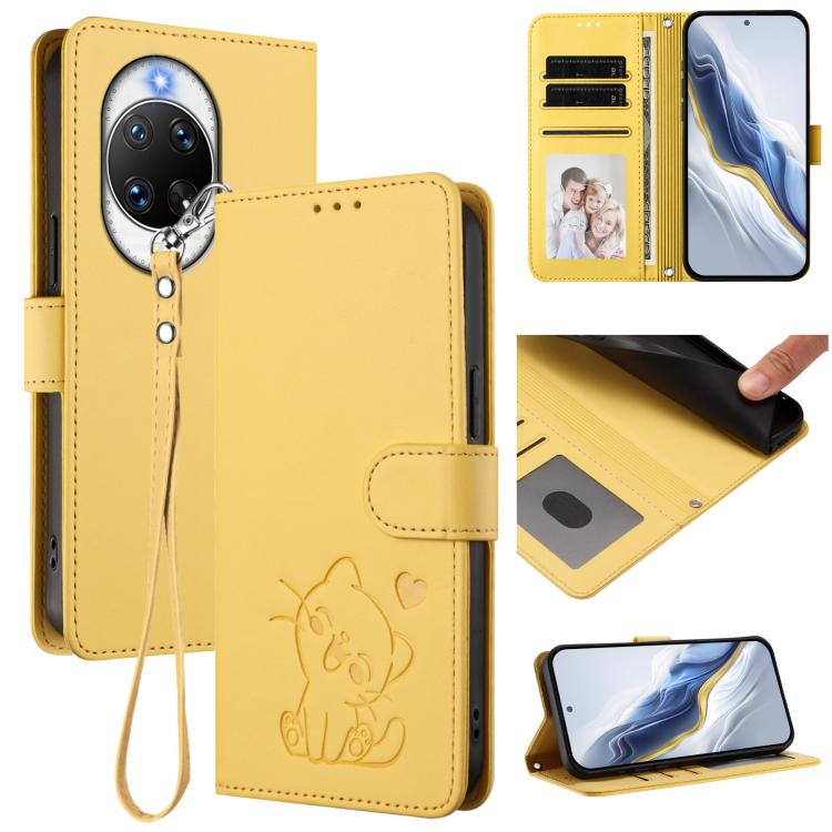 Embossed Heart Cat Leather Phone Case with Hand Strap, For Huawei Enjoy 80s, For Huawei nova 14 Ultra
