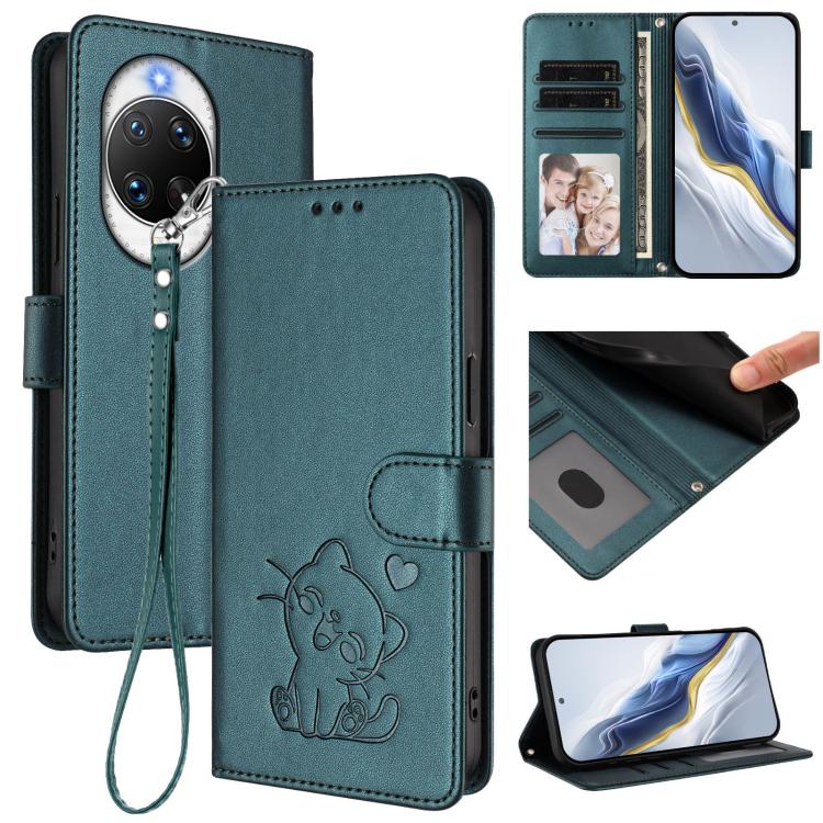 Embossed Heart Cat Leather Phone Case with Hand Strap, For Huawei Enjoy 80s, For Huawei nova 14 Ultra