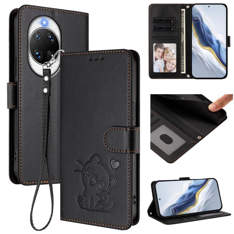 Embossed Heart Cat Leather Phone Case with Hand Strap, For Huawei Enjoy 80s, For Huawei nova 14 Ultra