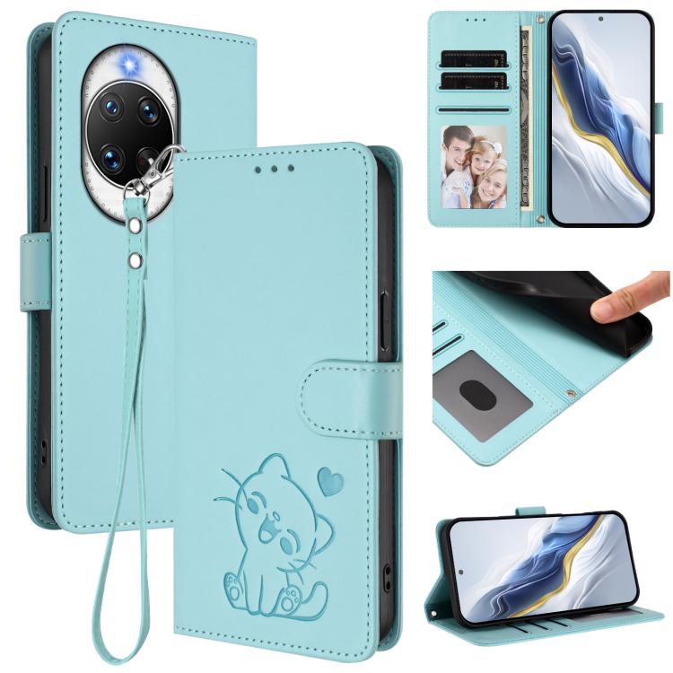 Embossed Heart Cat Leather Phone Case with Hand Strap, For Huawei nova 14 Pro, For Huawei nova 14