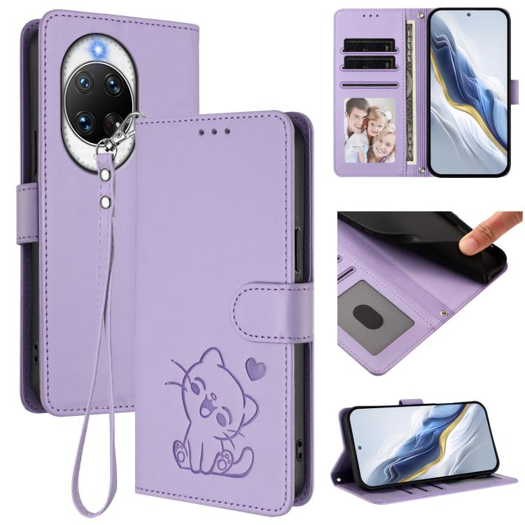 Embossed Heart Cat Leather Phone Case with Hand Strap, For Huawei nova 14 Pro, For Huawei nova 14