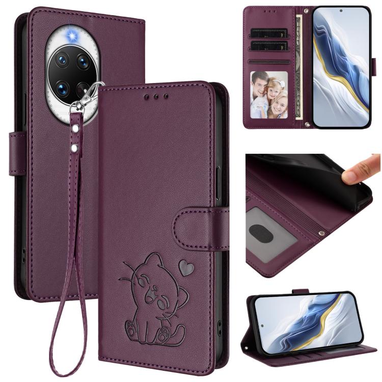 Embossed Heart Cat Leather Phone Case with Hand Strap, For Huawei nova 14 Pro, For Huawei nova 14