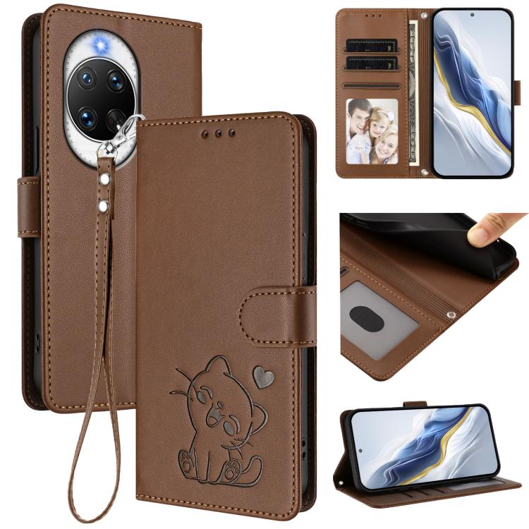 Embossed Heart Cat Leather Phone Case with Hand Strap, For Huawei nova 14 Pro, For Huawei nova 14