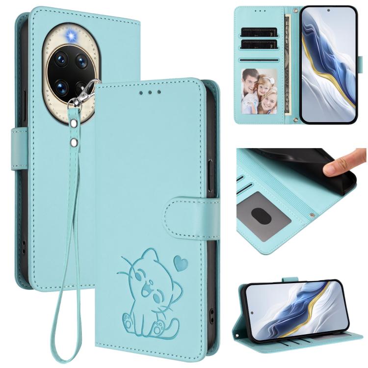 Embossed Heart Cat Leather Phone Case with Hand Strap, For Huawei nova 14 Pro, For Huawei nova 14