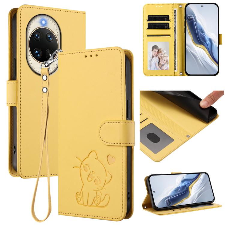 Embossed Heart Cat Leather Phone Case with Hand Strap, For Huawei nova 14 Pro, For Huawei nova 14