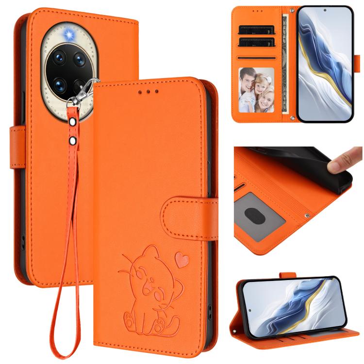 Embossed Heart Cat Leather Phone Case with Hand Strap, For Huawei nova 14 Pro, For Huawei nova 14