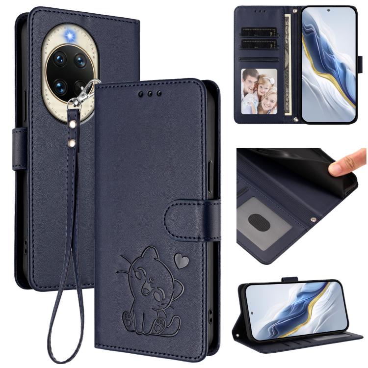 Embossed Heart Cat Leather Phone Case with Hand Strap, For Huawei nova 14 Pro, For Huawei nova 14