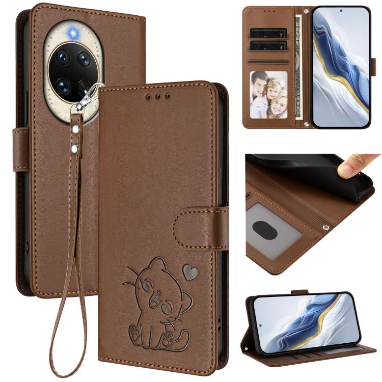 Embossed Heart Cat Leather Phone Case with Hand Strap, For Huawei nova 14 Pro, For Huawei nova 14