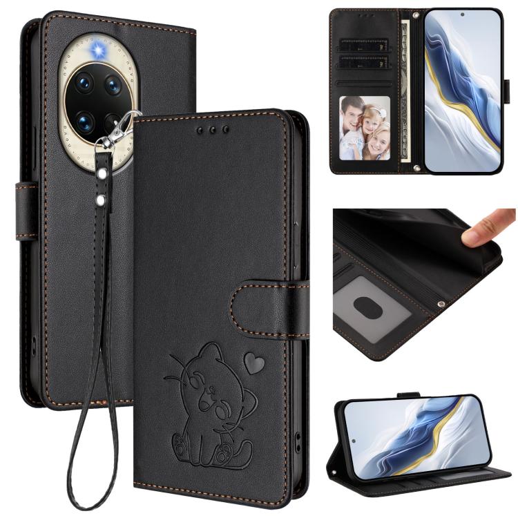 Embossed Heart Cat Leather Phone Case with Hand Strap, For Huawei nova 14 Pro, For Huawei nova 14