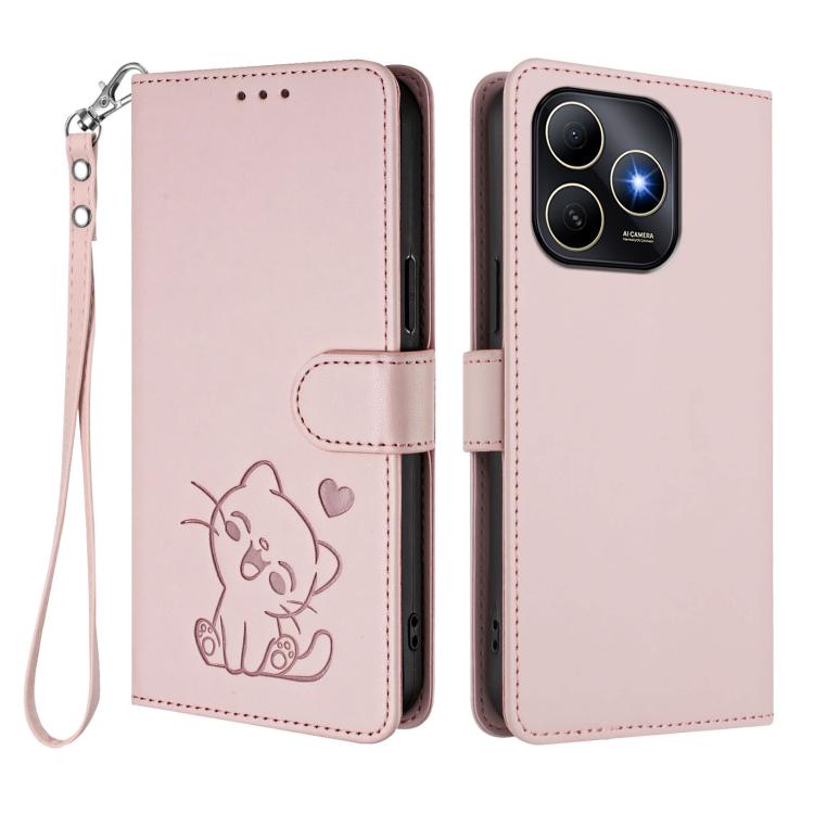 Embossed Heart Cat Leather Phone Case with Hand Strap, For Huawei Enjoy 80s, For Huawei nova 14 Ultra