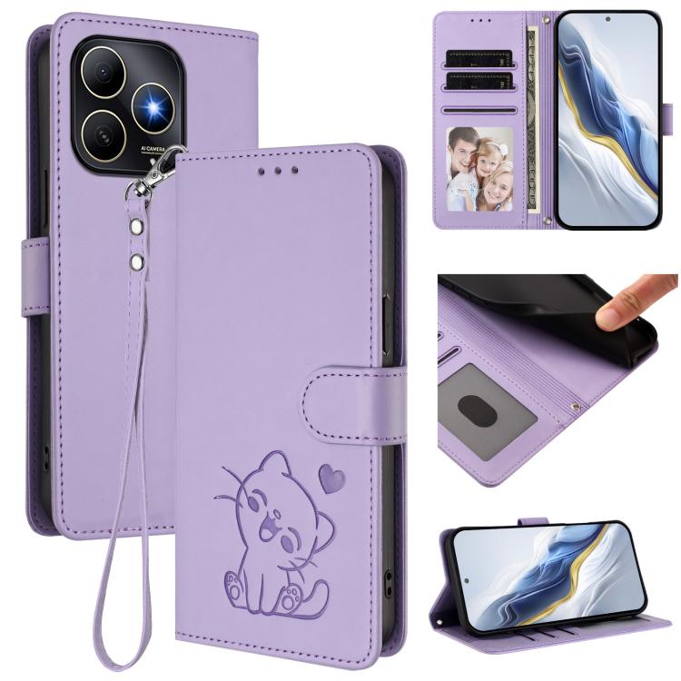 Embossed Heart Cat Leather Phone Case with Hand Strap, For Huawei Enjoy 80s, For Huawei nova 14 Ultra