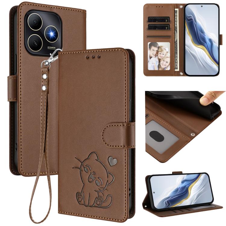 Embossed Heart Cat Leather Phone Case with Hand Strap, For Huawei Enjoy 80s, For Huawei nova 14 Ultra