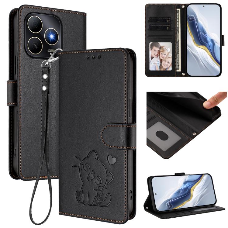 Embossed Heart Cat Leather Phone Case with Hand Strap, For Huawei Enjoy 80s, For Huawei nova 14 Ultra