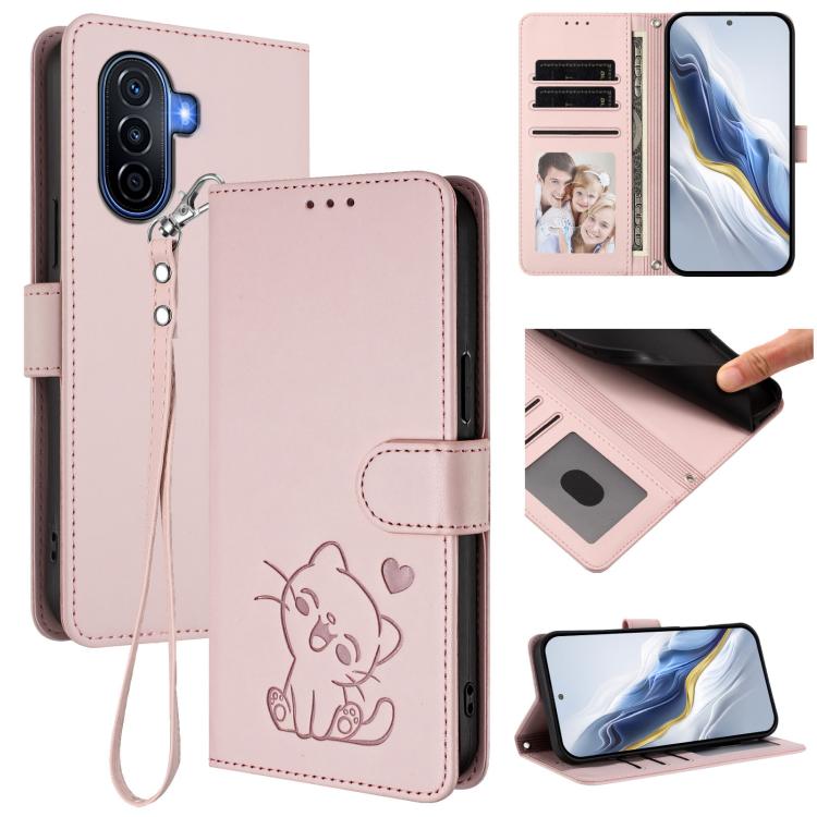 Embossed Heart Cat Leather Phone Case with Hand Strap, For Huawei Enjoy 50 / Enjoy 60 / nova Y70, For Huawei P60 Art
