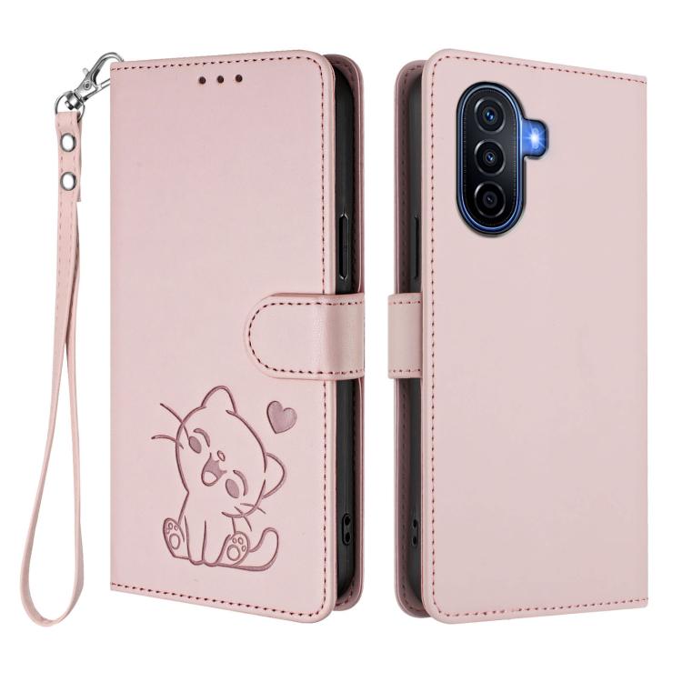 Embossed Heart Cat Leather Phone Case with Hand Strap, For Huawei Enjoy 50 / Enjoy 60 / nova Y70, For Huawei P60 Art